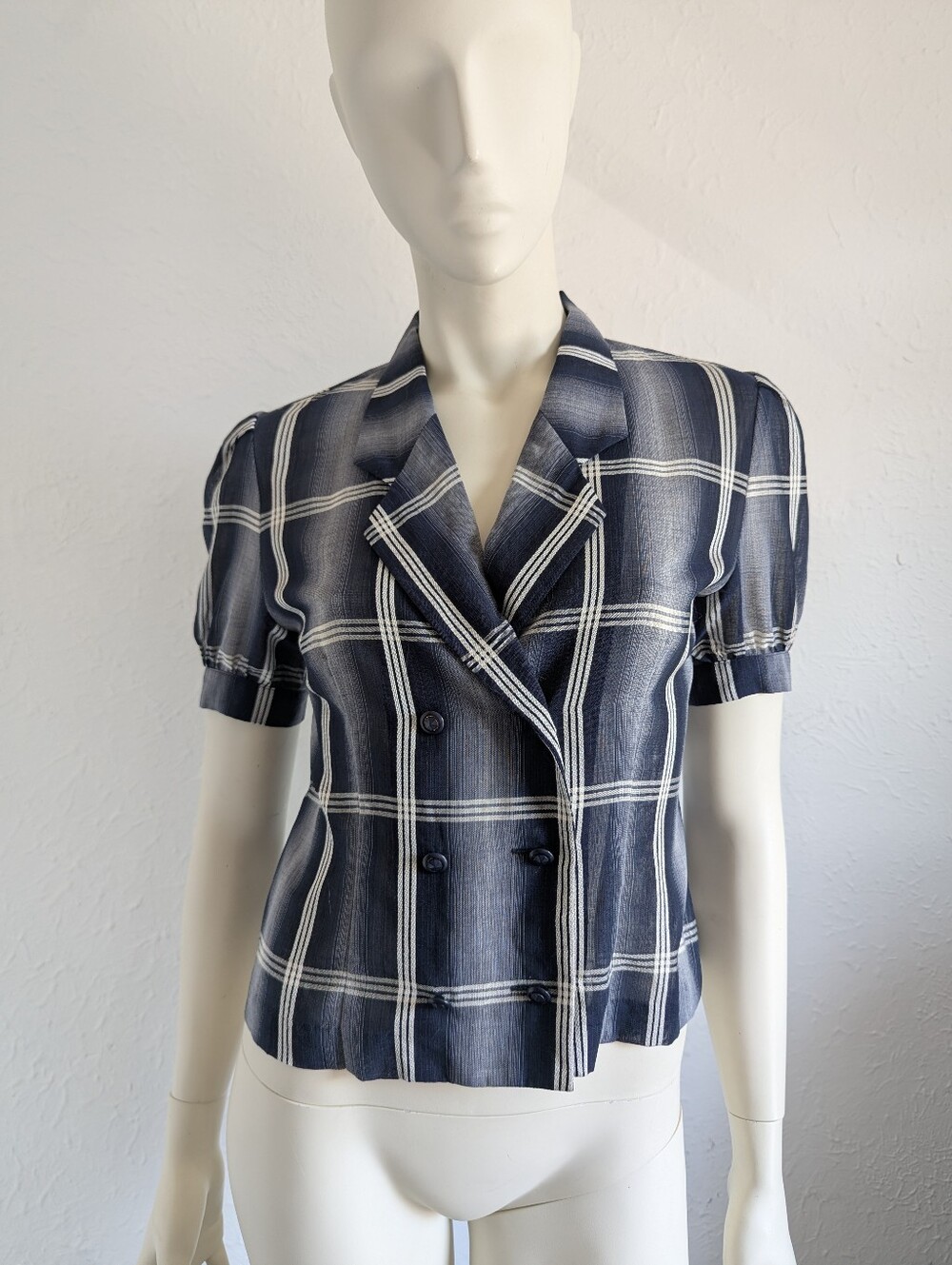 Rare! Archival 1990s Burberry Windowpane Plaid Puff Sleeve Silk Voile SS Blouse